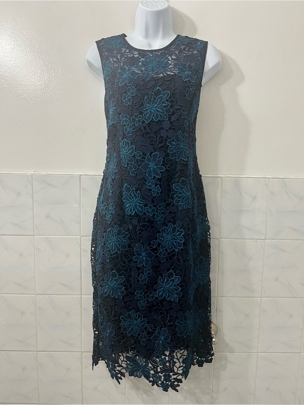 White House Black Market 4 Navy Teal Lace Sheath Cocktail Wedding Party Dress